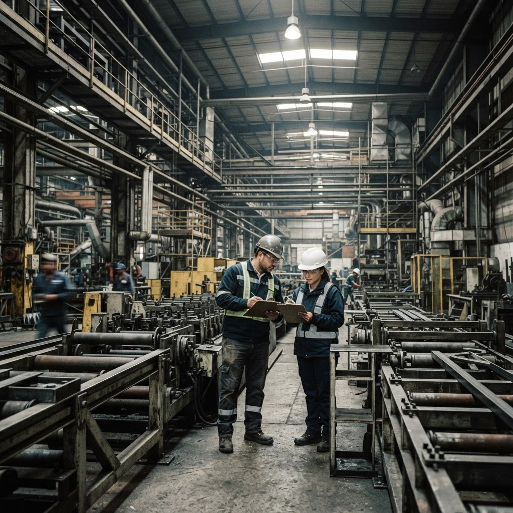 Ingenieros inspeccionando una línea de producción industrial