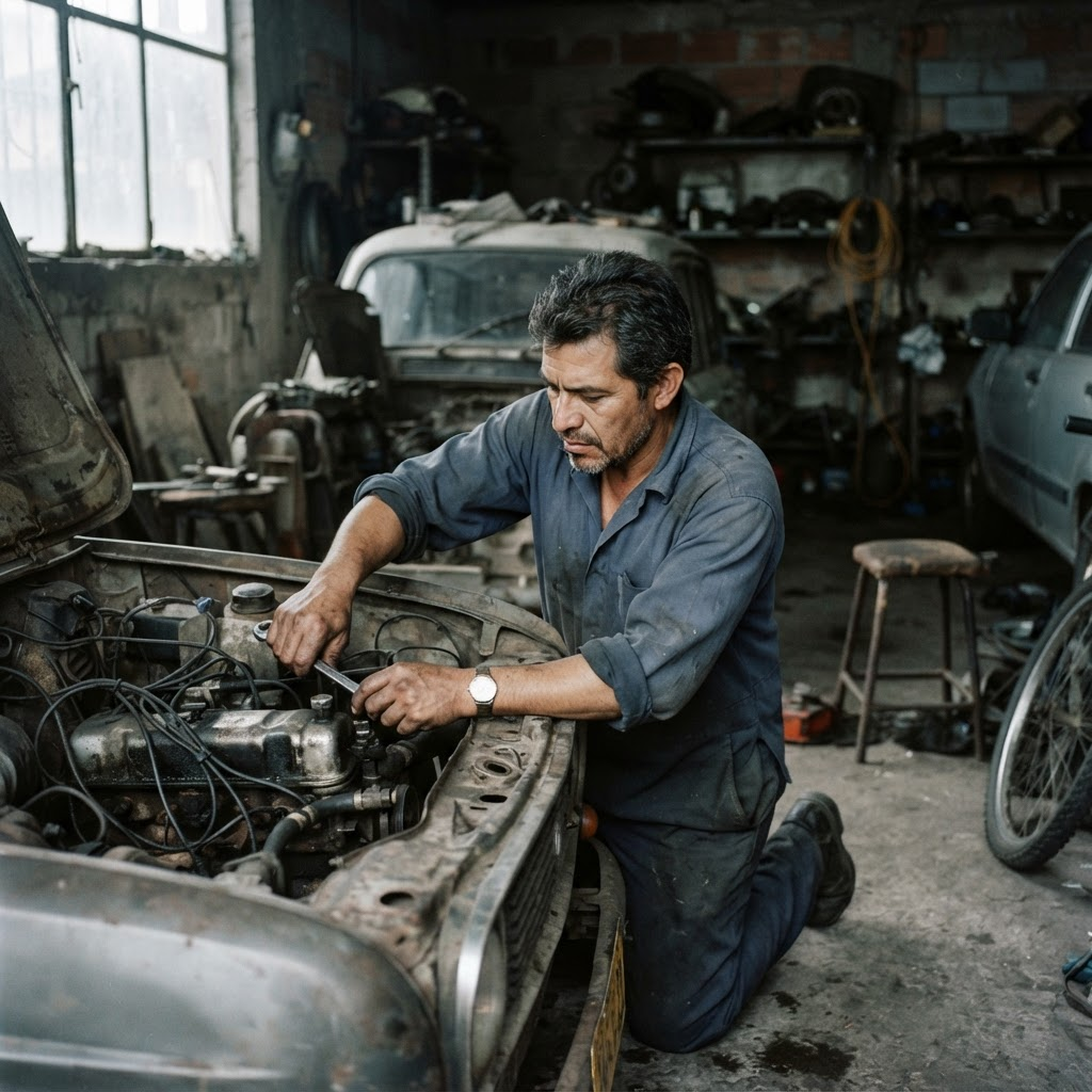 Técnico independiente revisando el motor de un vehículo en un garaje